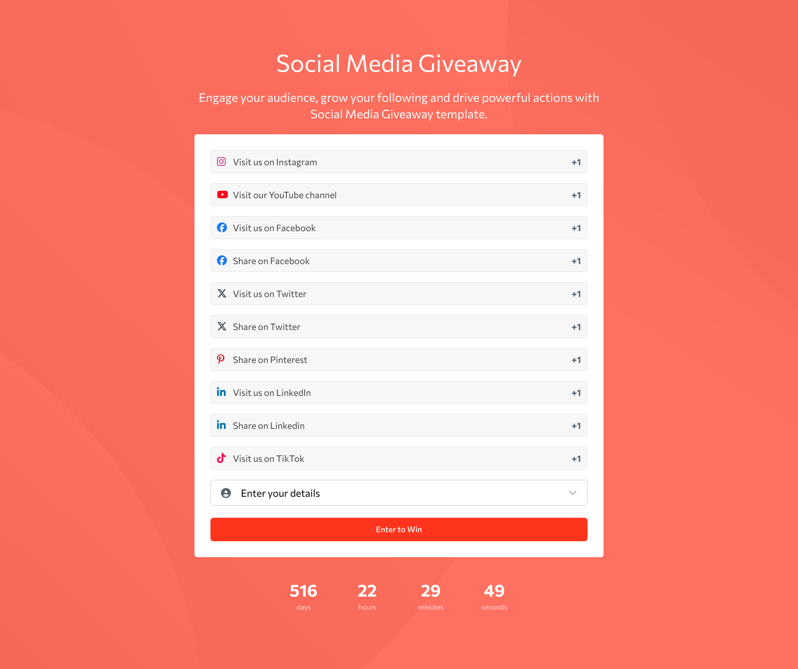 Social Media Giveaway Template with entry fields and submit button for audience engagement.