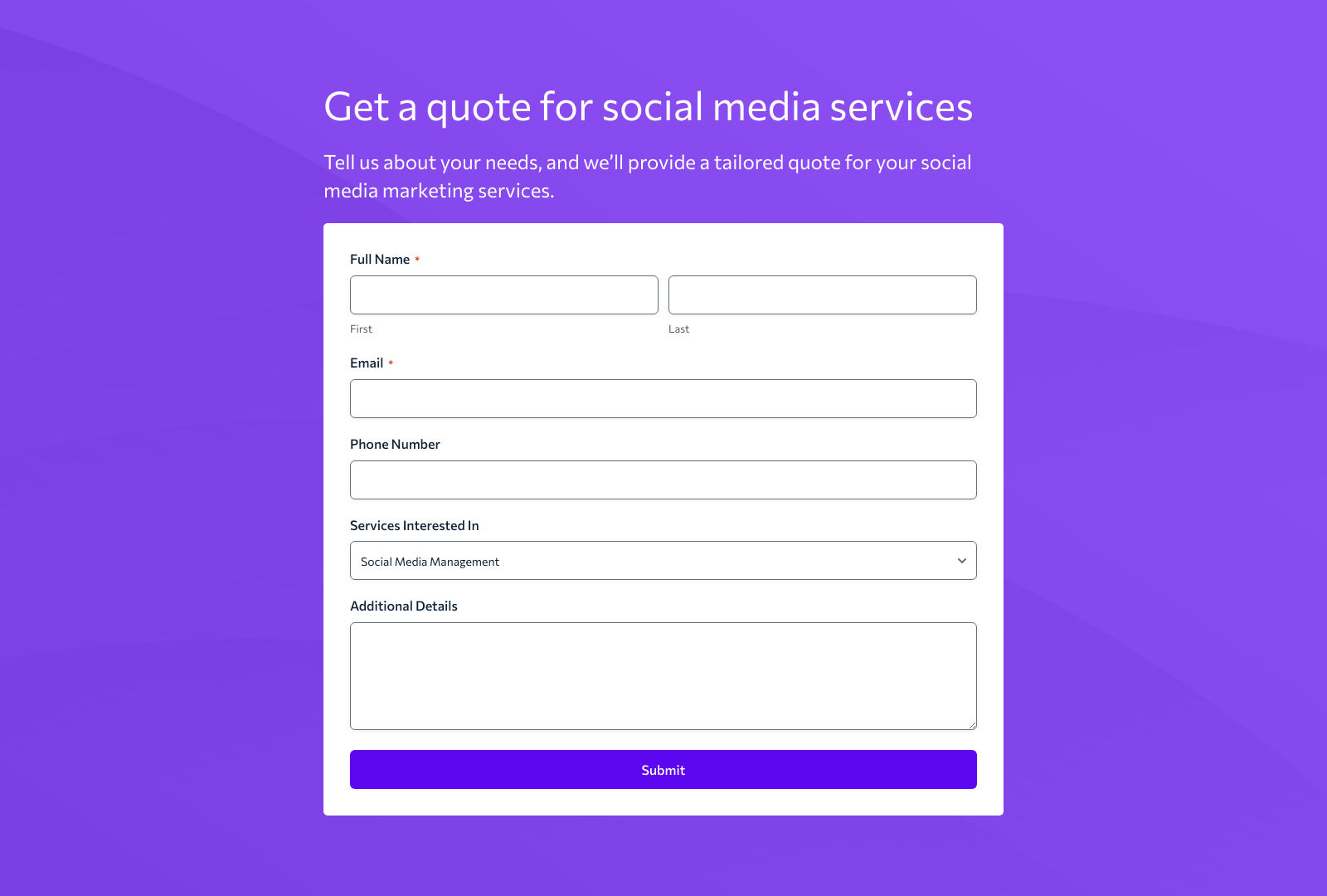 Social Media Quote Form Template with fields for name, email, and services, plus a submit button for easy user interaction.
