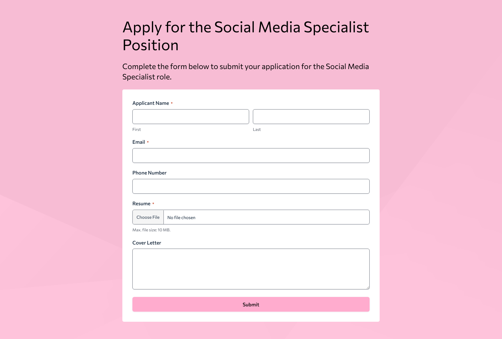 Social Media Specialist Job Application Form Template with fields and submit button.