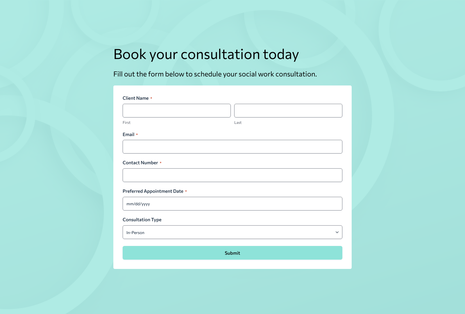 Social Work Consultation Form Template with fields for name, email, date, and consultation details.