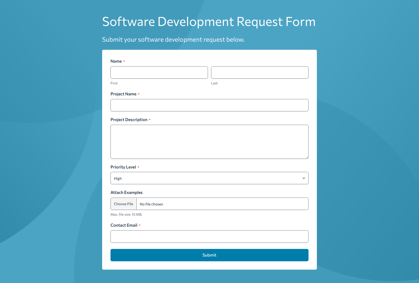 Software Development Request Form Template with fields for project details and submit button.