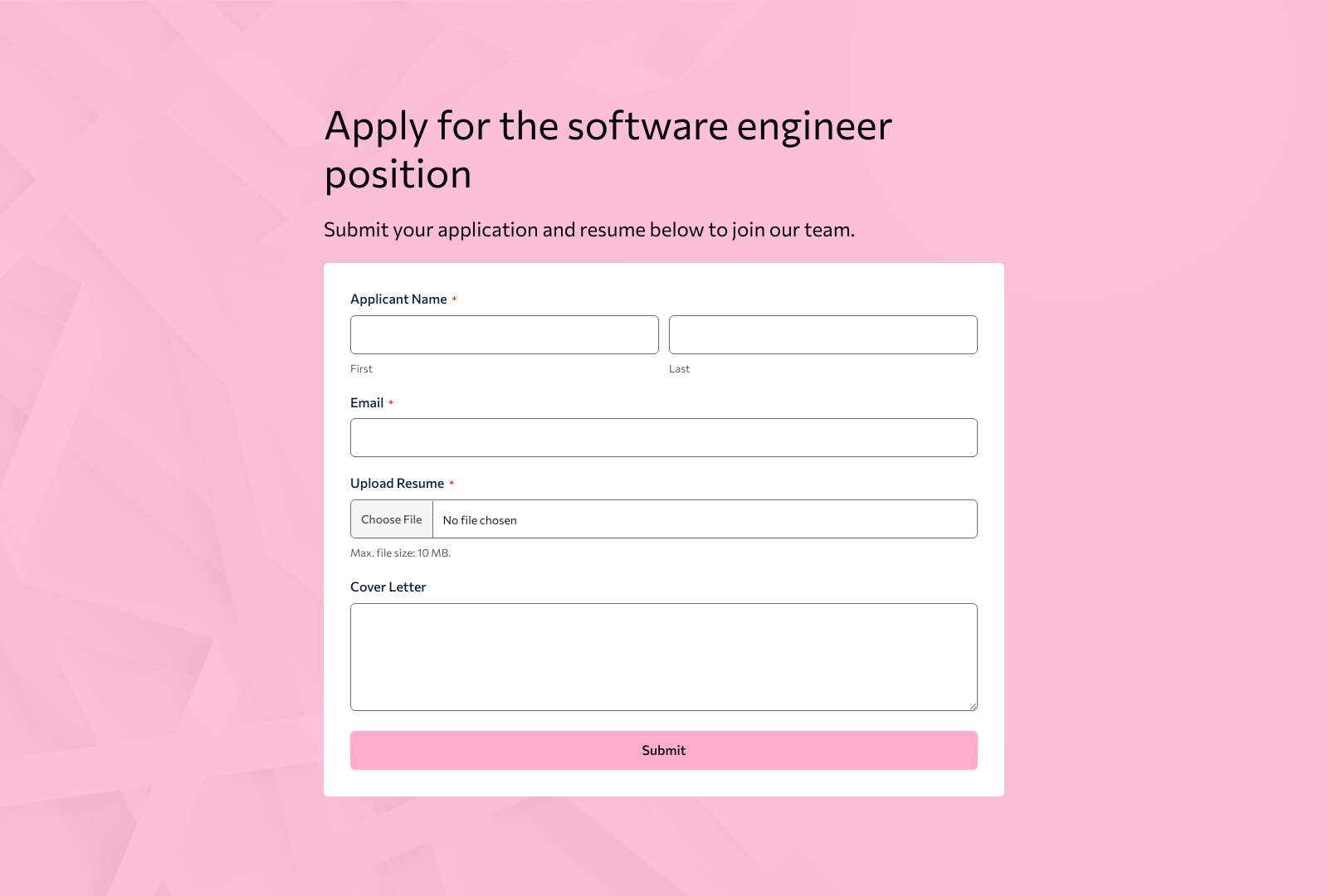 Software Engineer Job Application Form Template with fields for personal details, experience, and skills.