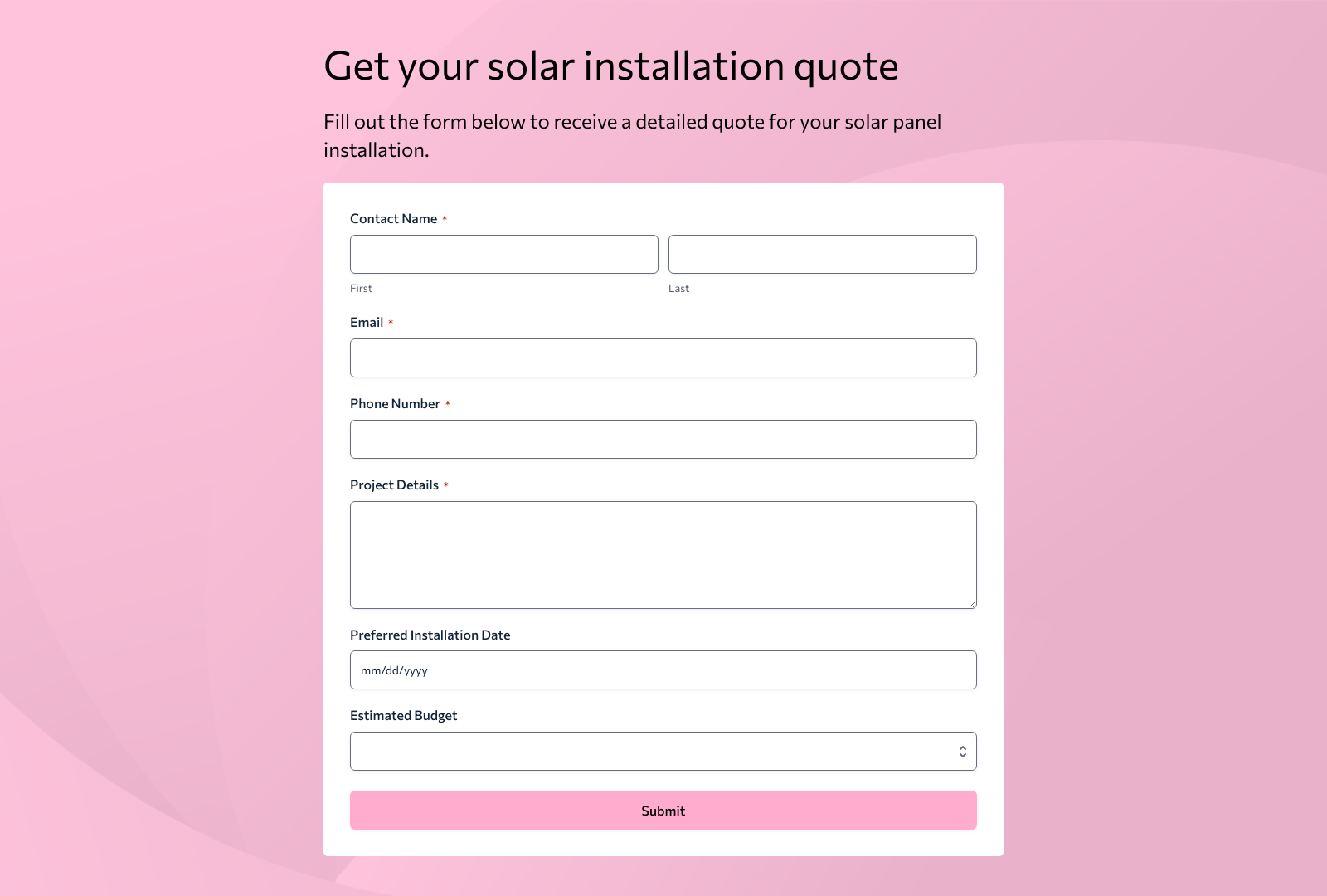 Solar Photovoltaic Installer Quote Form Template showing fields for client details and solar panel options.