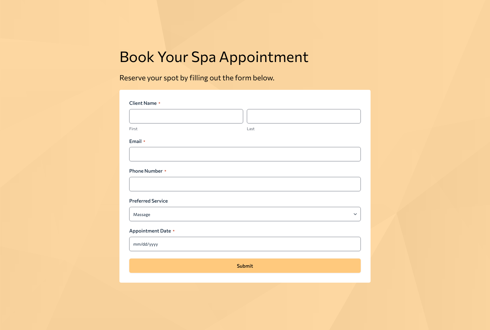 Screenshot of Spa Booking Form Template showing fields for customer details, appointment date, and service selection.