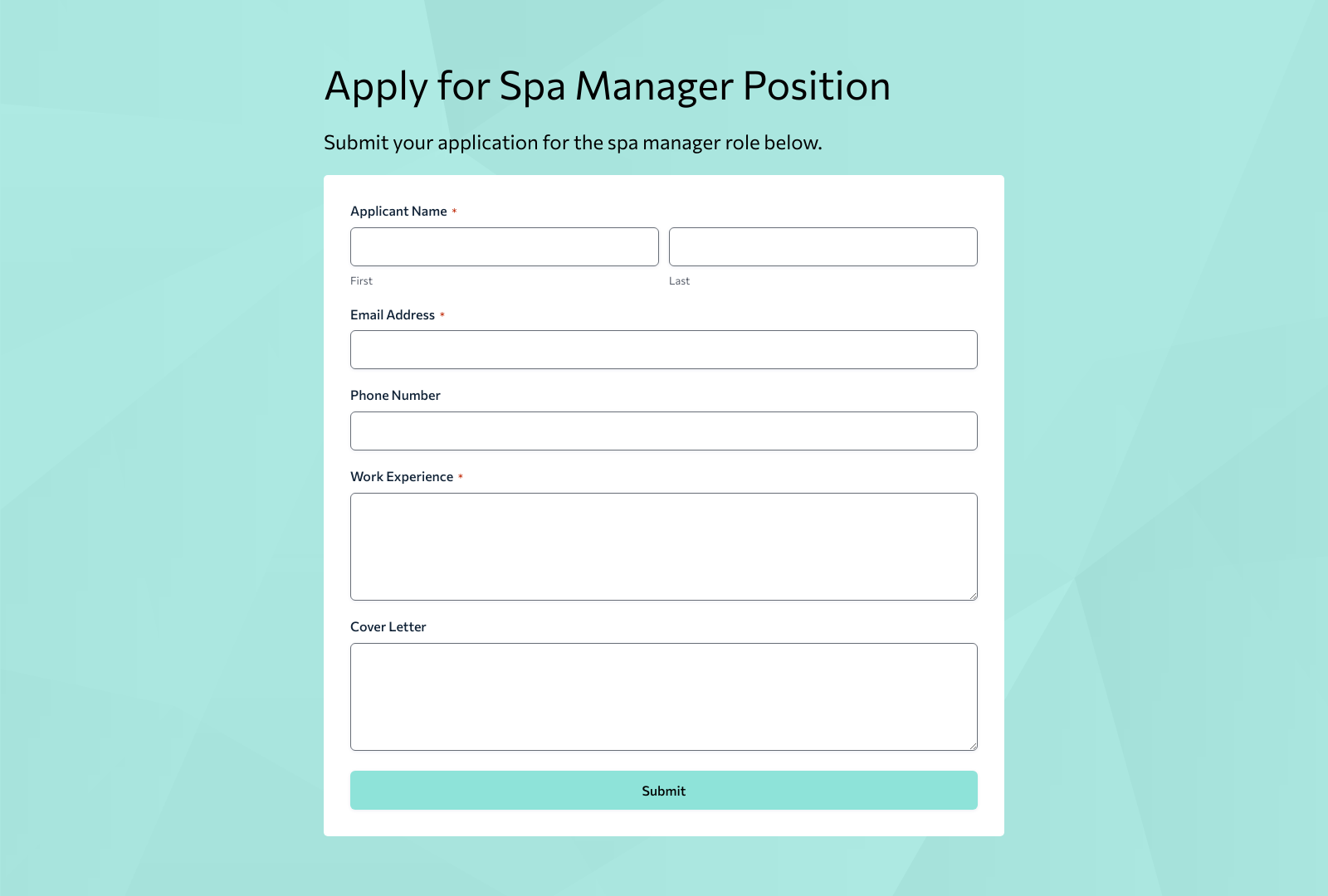 Spa Manager Job Application Form Template with fields for name, experience, and contact details.