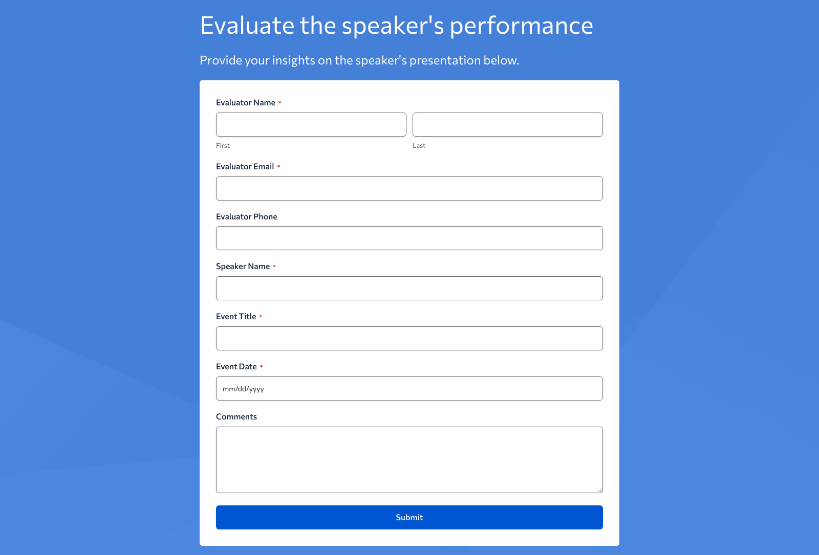 Speaker Evaluation Form Template showing fields for rating and comments.