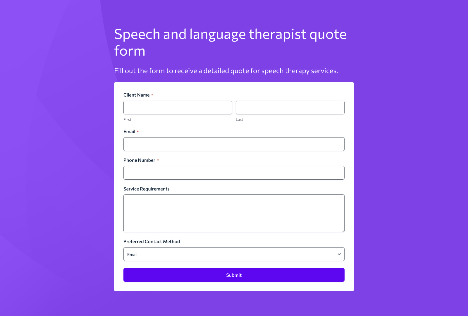 Speech And Language Therapist Quote Form with fields for client details and service needs.
