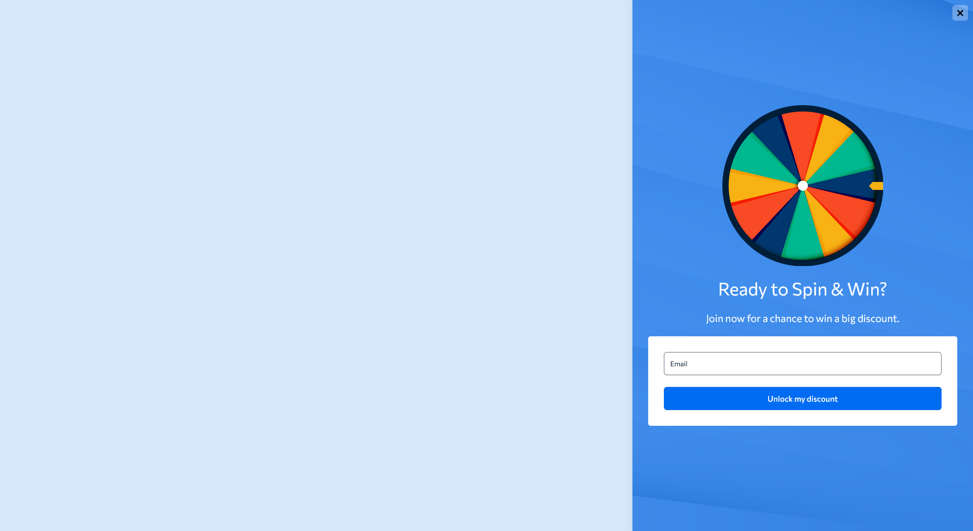 Spin-to-Win Popup Template with prize wheel, form fields, and submit button for customer interaction.