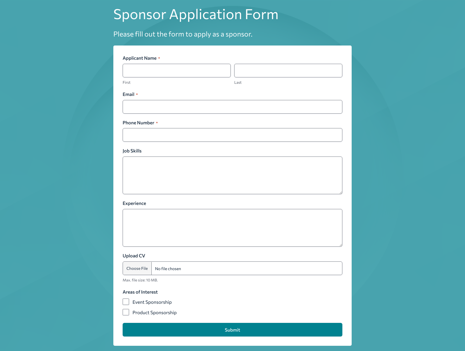 Sponsor Application Form Template with fields for personal details, skills, and CV uploads.