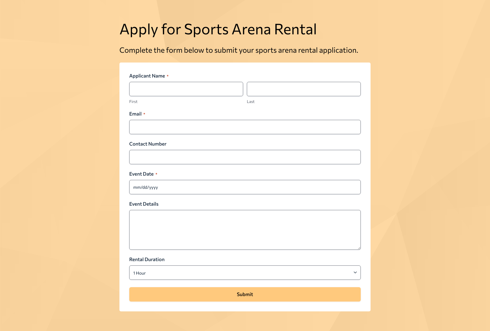 Screenshot of Sports Arena Rental Application Form Template with fields and buttons for booking sports venues.