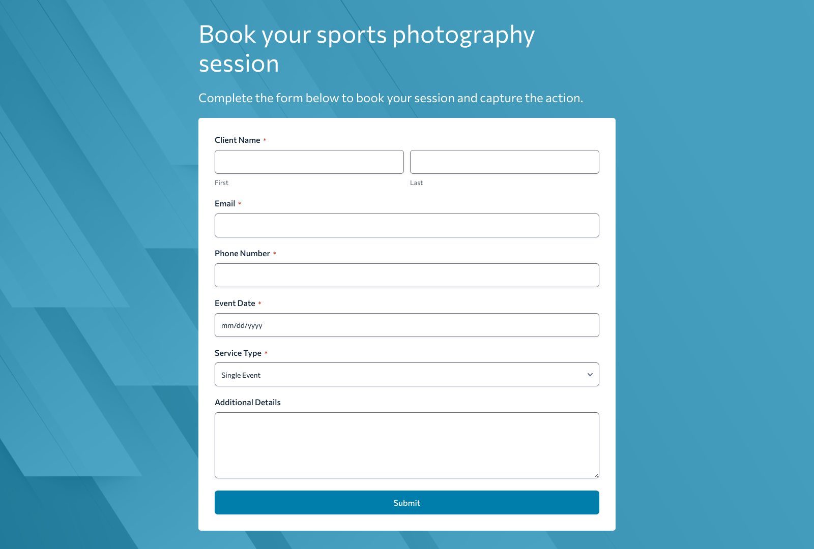 Sports Photography Order Form Template showing fields for customer details and booking options.