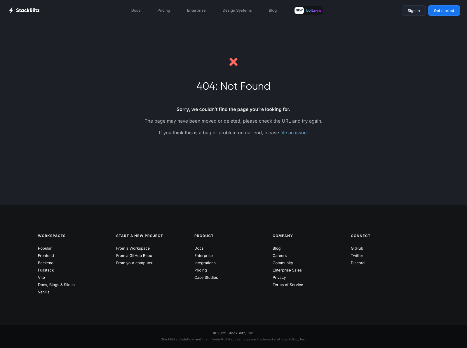 StackBlitz 404 Not Found Landing Page Example