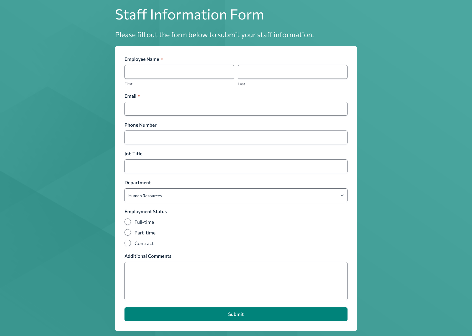 Staff Information Form Template with fields for name, position, and contact details, featuring submit and reset buttons.