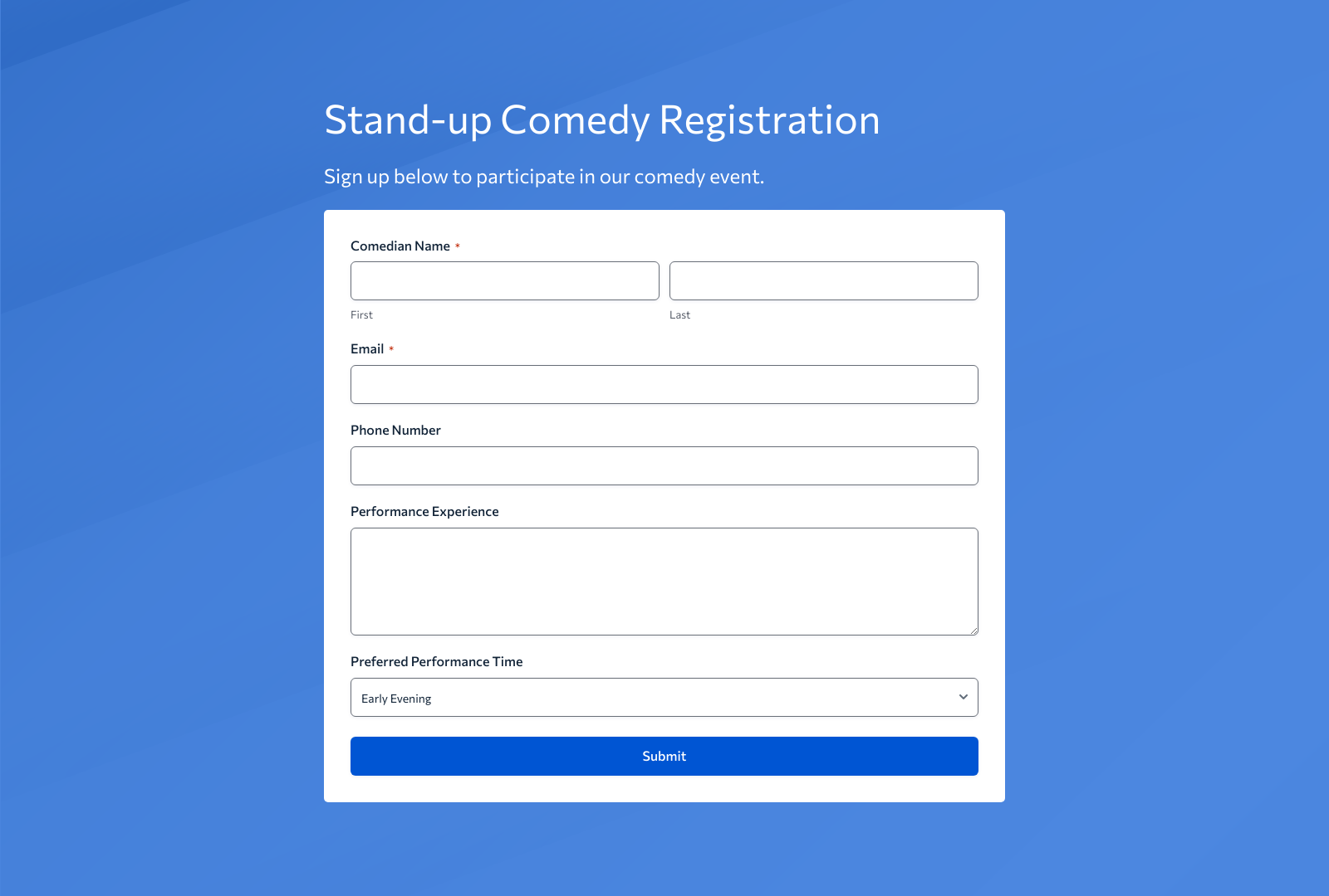 Stand-up Comedy Registration Form Template with fields for name, email, and performance details.