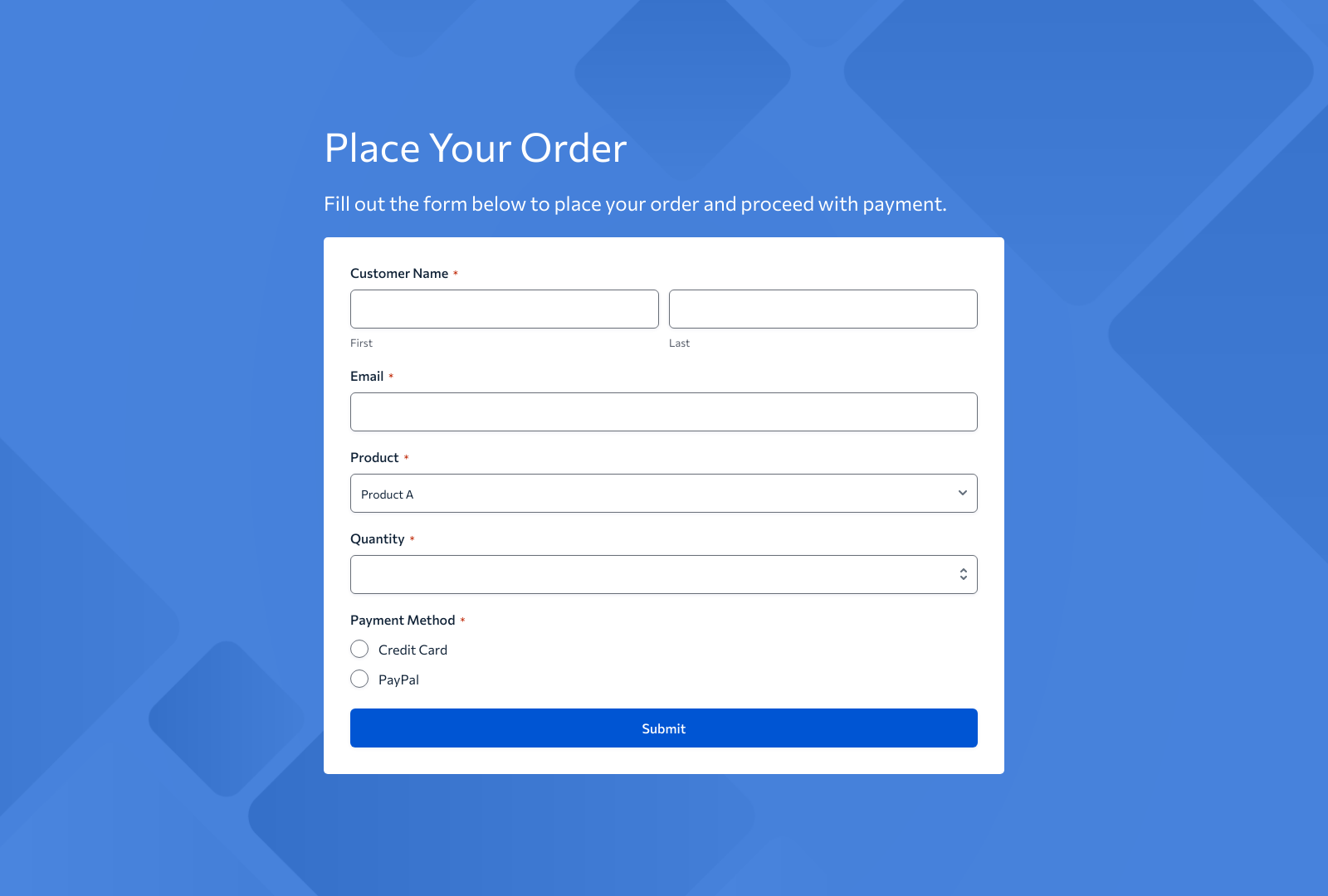 Screenshot of Standard Order Form Template with fields, buttons, and Stripe integration.