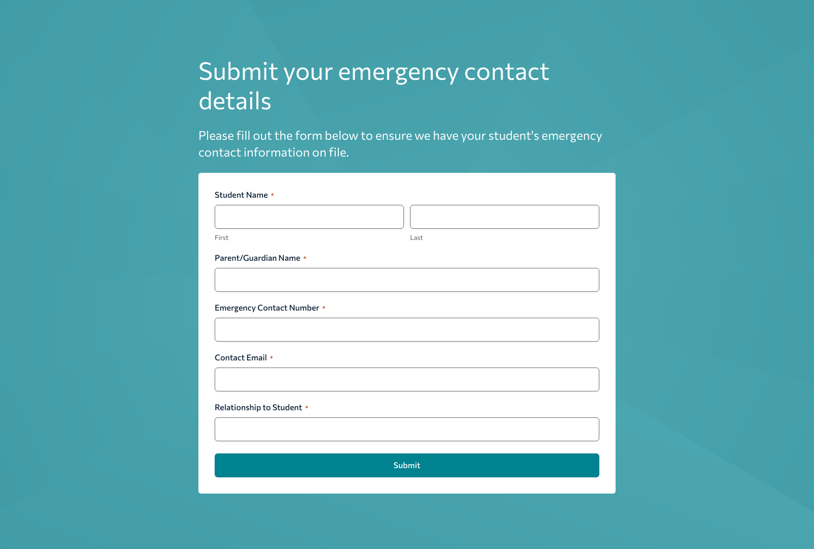 Screenshot of Student Emergency Contact Form Template with fields for student and parent details.