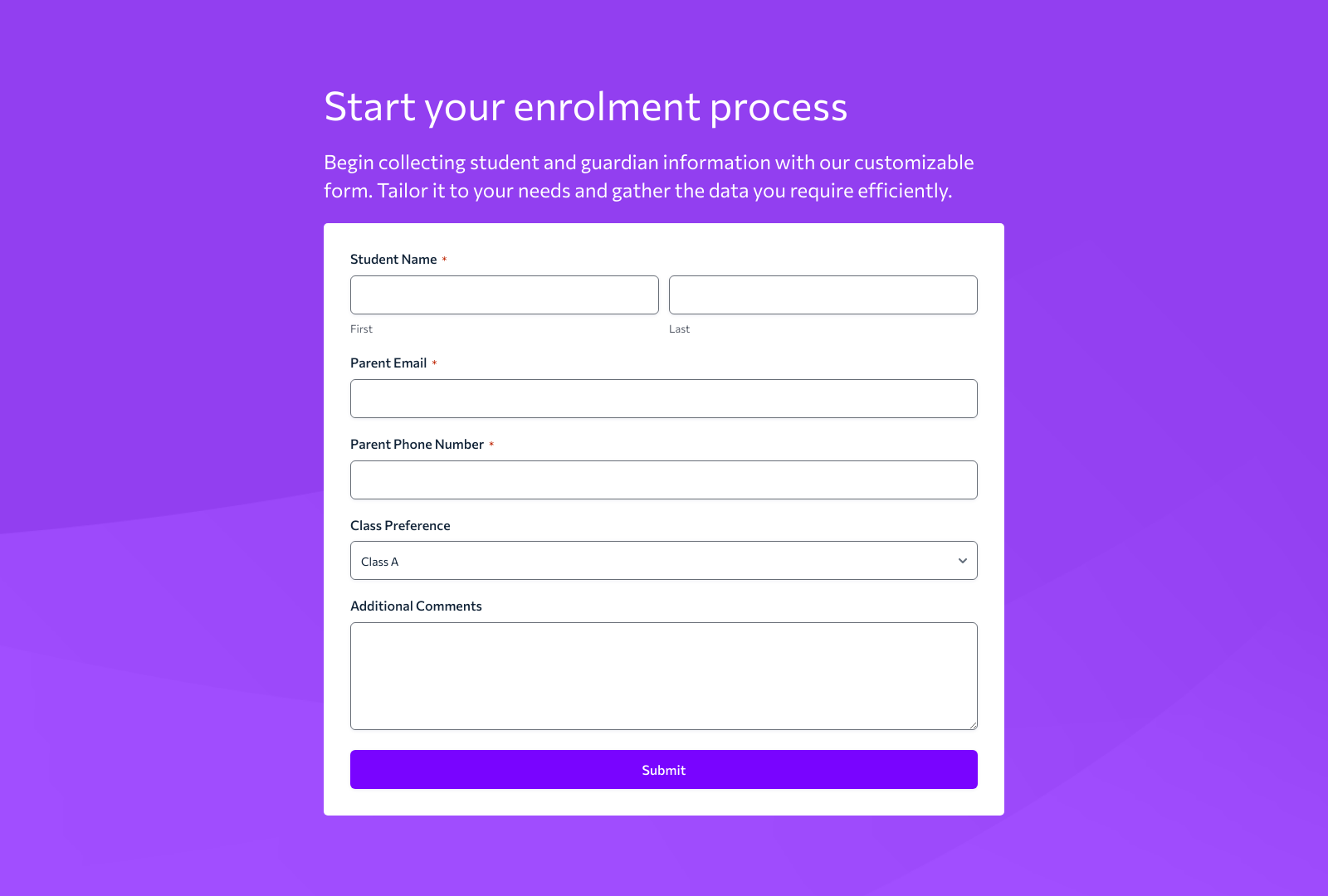 Student Enrolment Application Form Template with fields for student and guardian details.