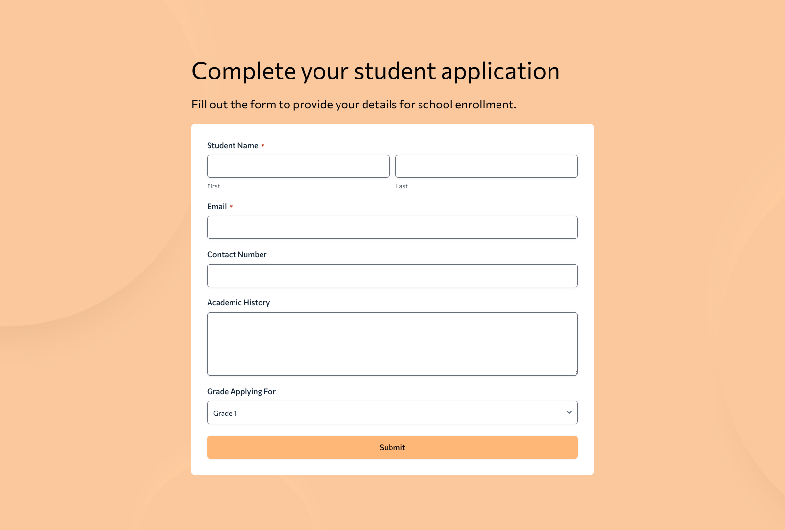 Student Form Template with fields for school applications, including essential information inputs.