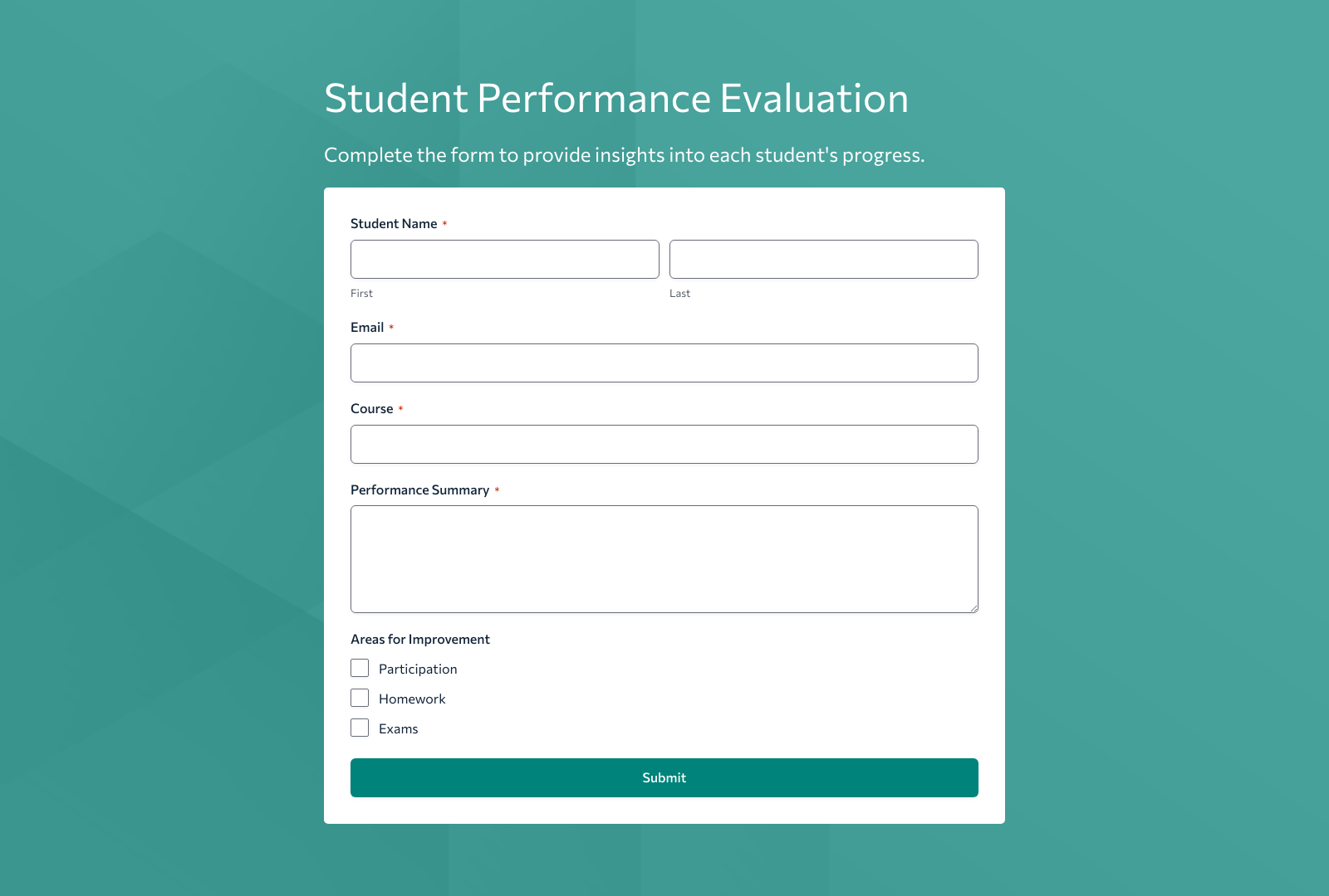 Student Performance Evaluation Template with fields for student details, progress, and growth areas.