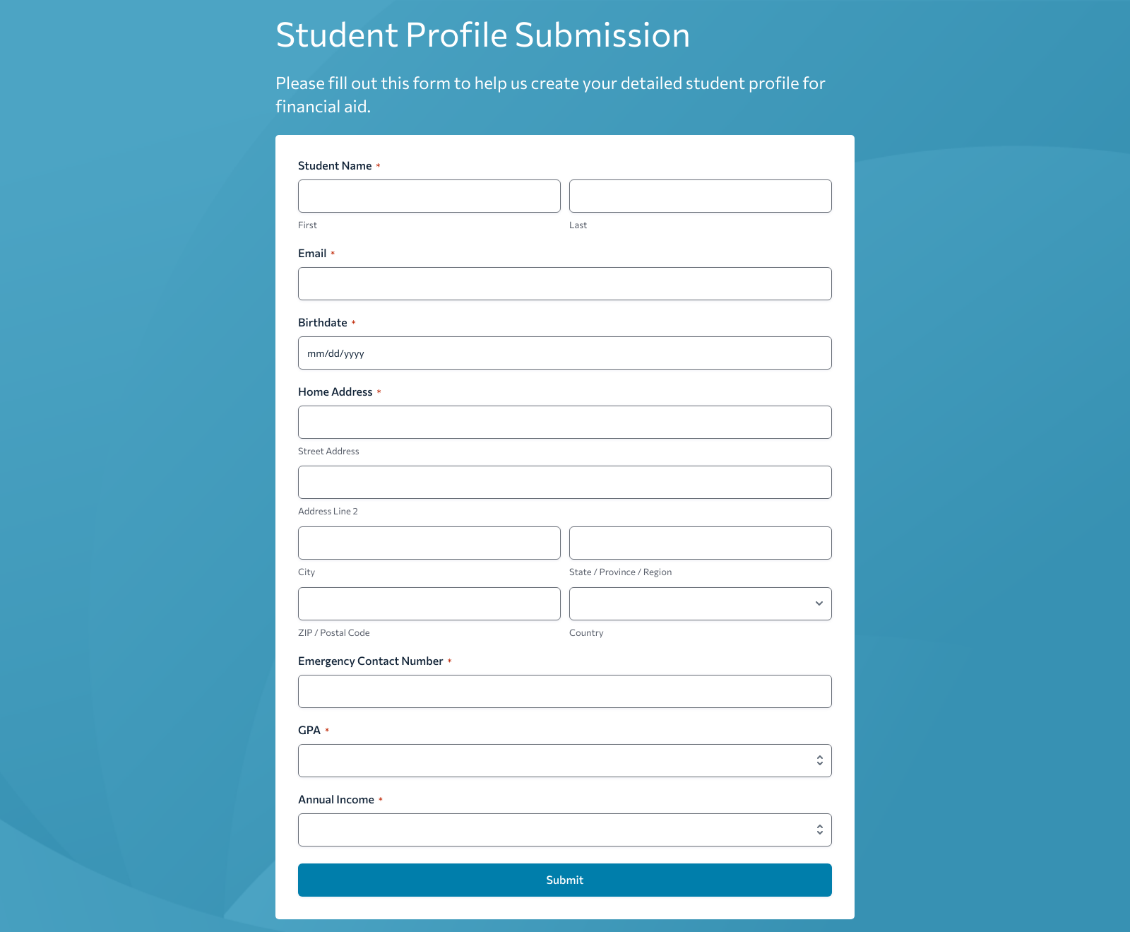 Screenshot of Student Profile Form Template with fields for student data and buttons for submission.