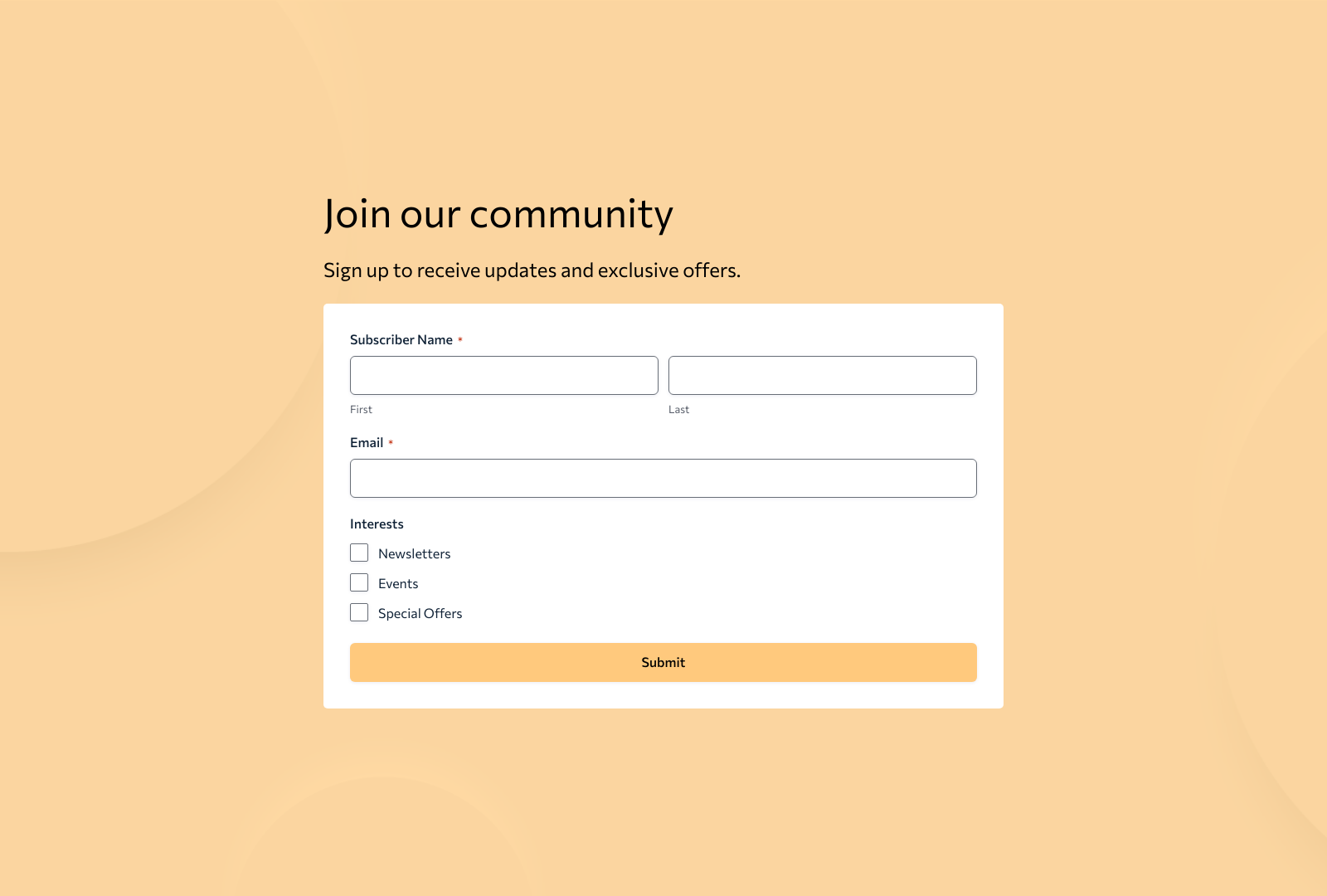 Subscribe Form Template screenshot showing fields for name, email, and a subscribe button.