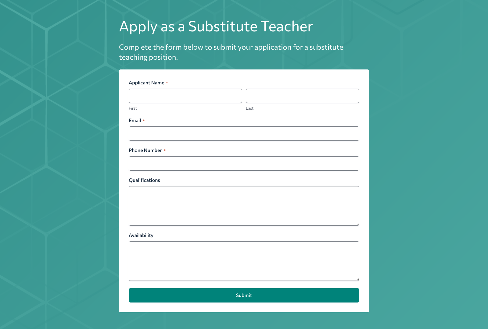 Substitute Teacher Job Application Form Template showing fields for applicant details and submission button.