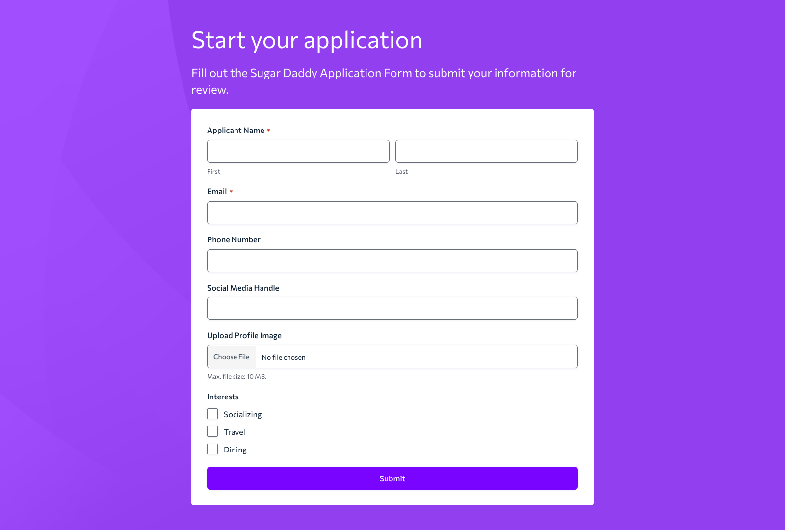 Screenshot of Sugar Daddy Application Form Template with fields for personal information and submit button.