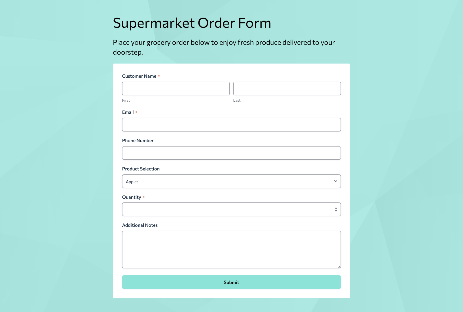 Supermarket Order Form Template with fields for product selection, quantity, and payment options.