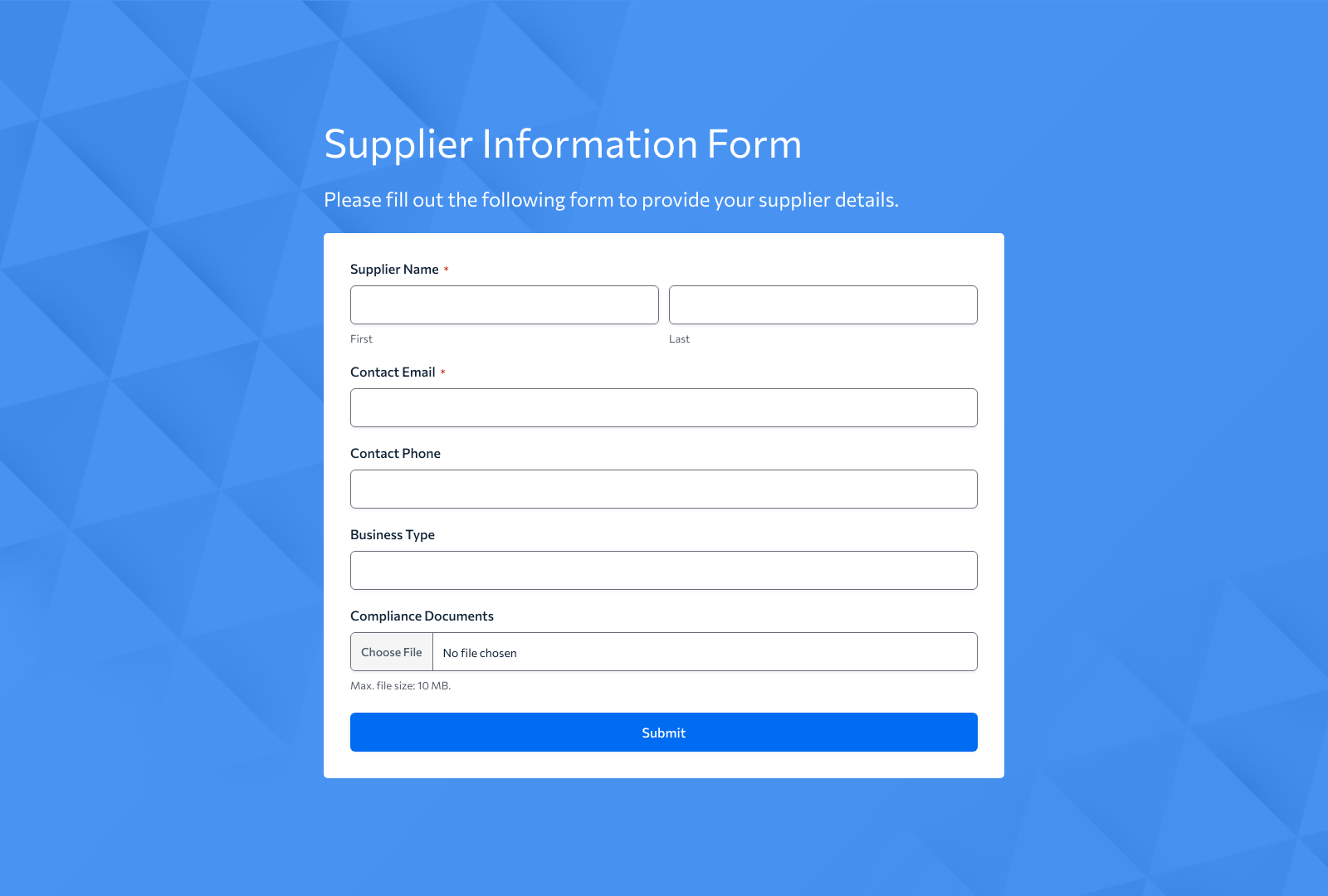 Supplier Information Form Template with fields for supplier's name, contact, and address details.