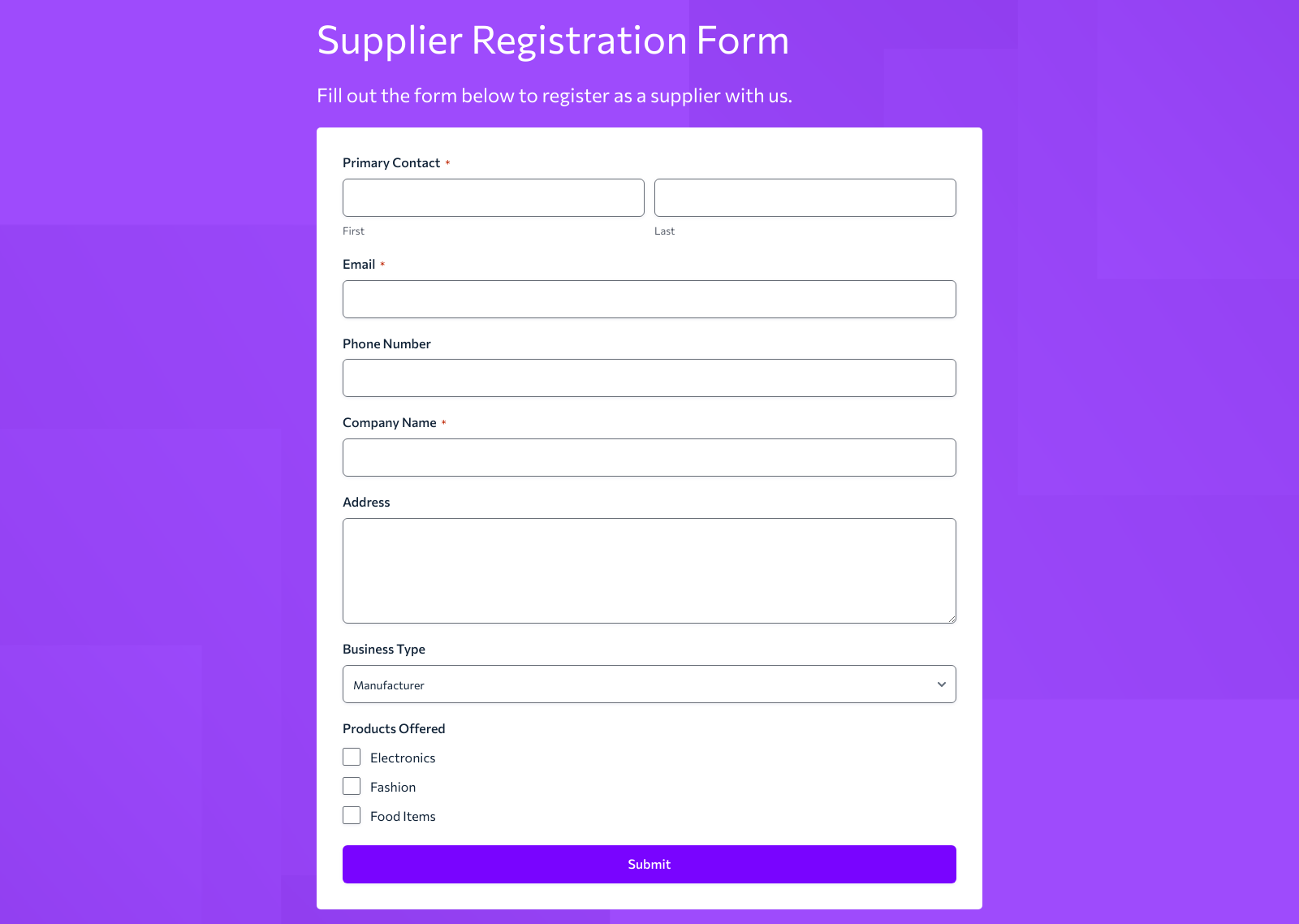 Supplier Registration Form Template with fields for supplier name, contact, and address, plus submit button.