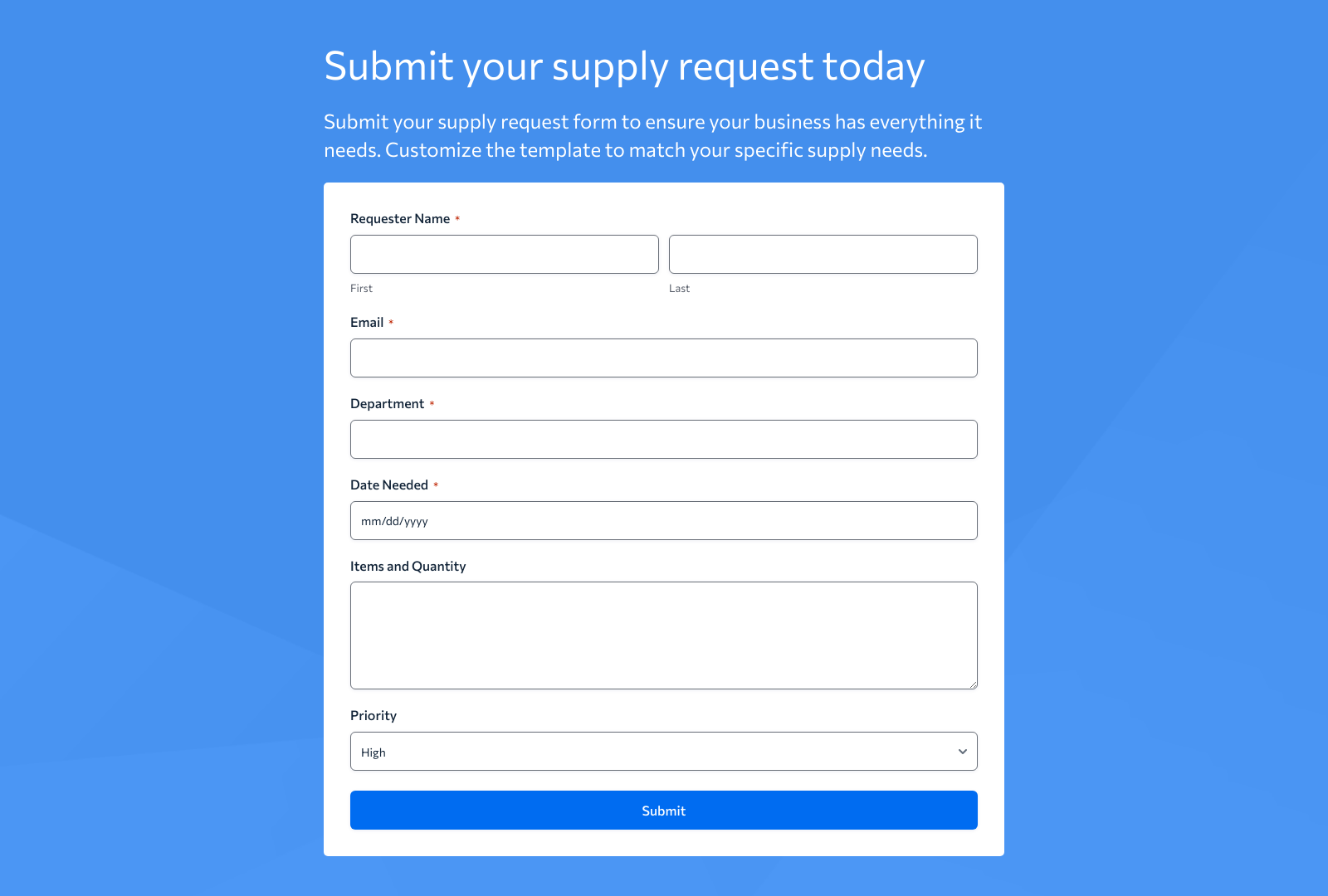 Supply Request Form Template with input fields, submit button, and organized layout.