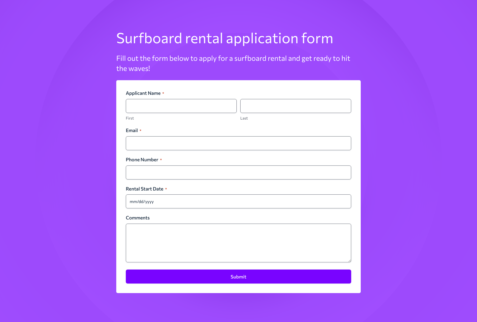 Surfboard Rental Application Form Template showing fields for personal details and rental preferences.