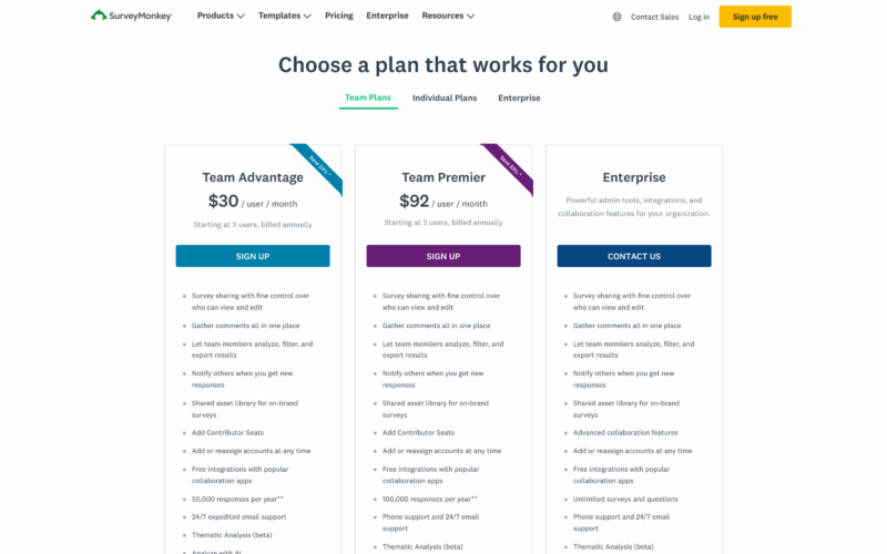 SurveyMonkey Pricing Landing Page Example