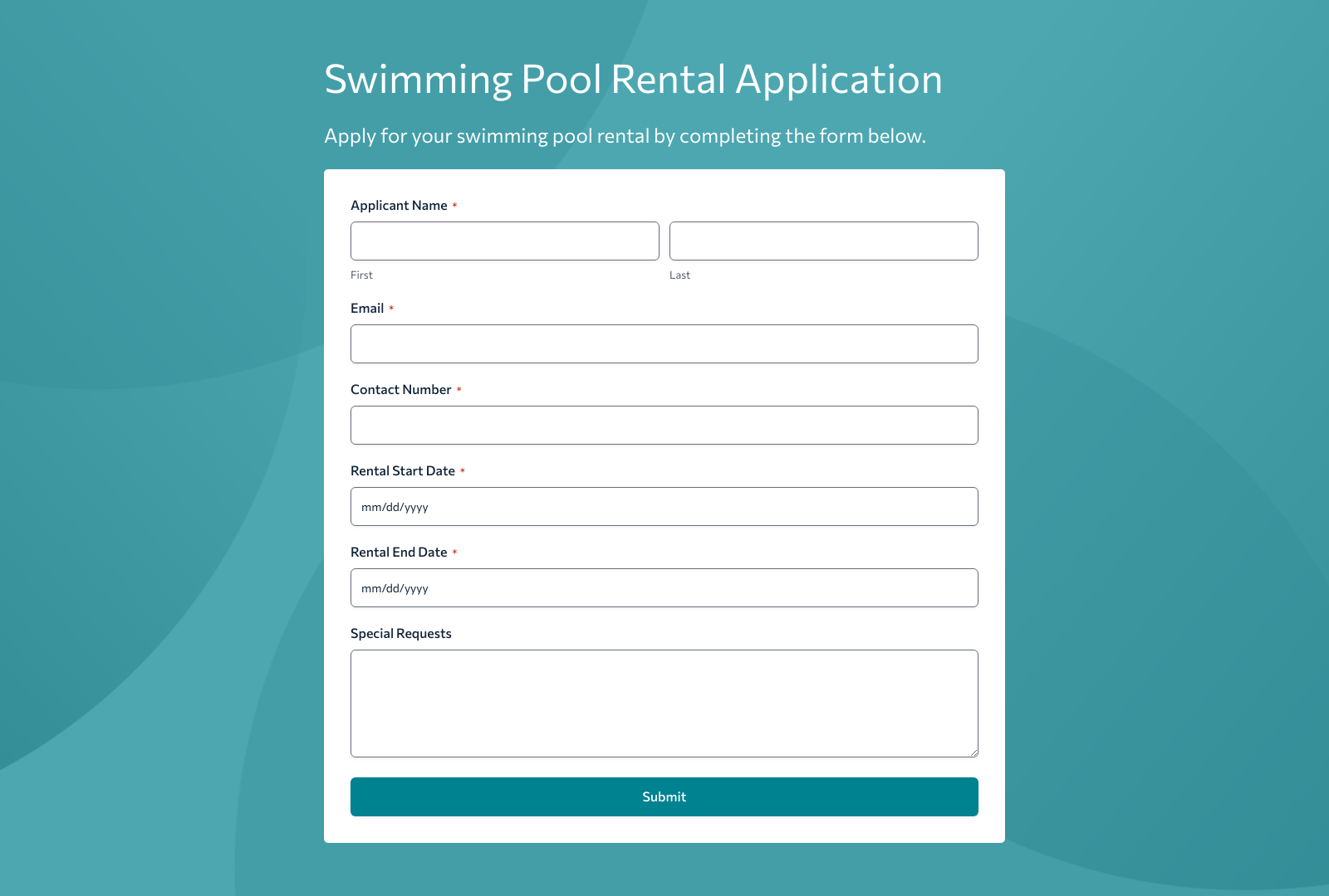 Swimming Pool Rental Application Form Template with fields, buttons for efficient data gathering.