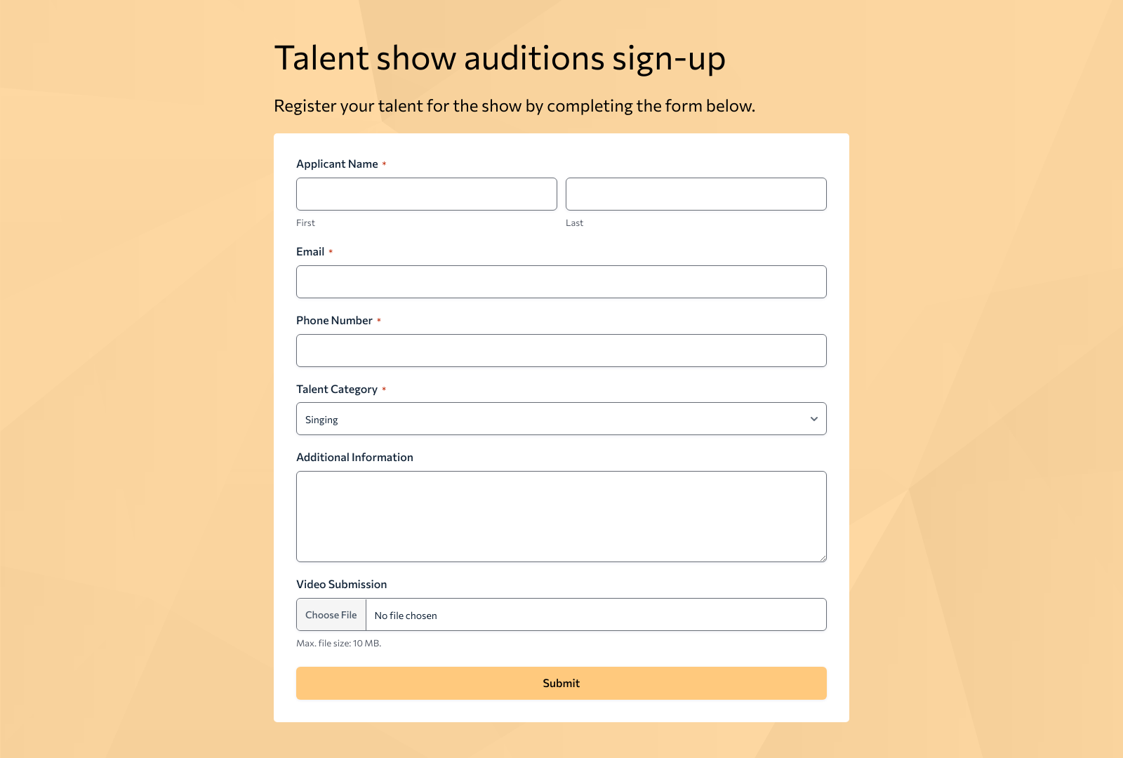 Screenshot of Talent Show Auditions Sign Up Form Template with fields for participant details and a submit button.