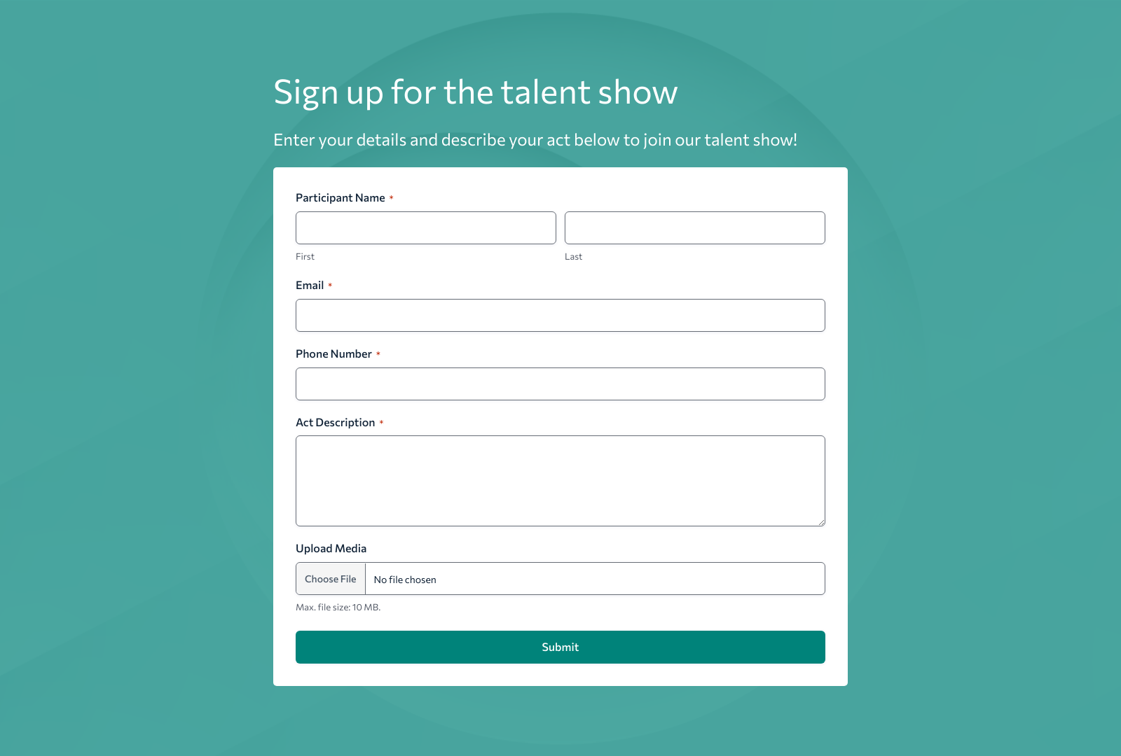 Talent Show Registration Form Template with fields for participant details, act descriptions, and media uploads.