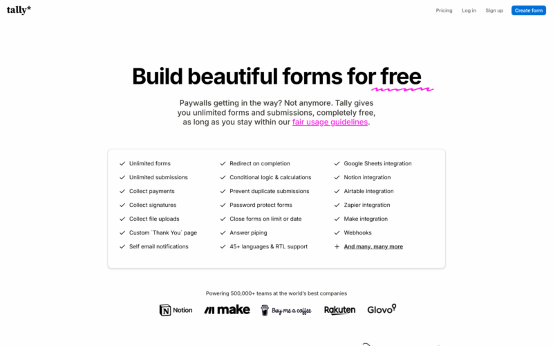 Tally Pricing Landing Page Example