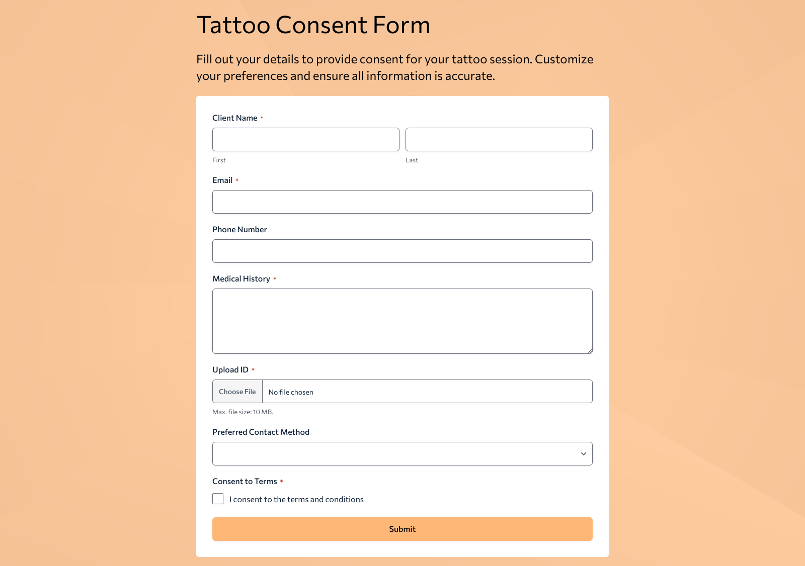 Tattoo Consent Form Template screenshot showing fields for client information and consent options.