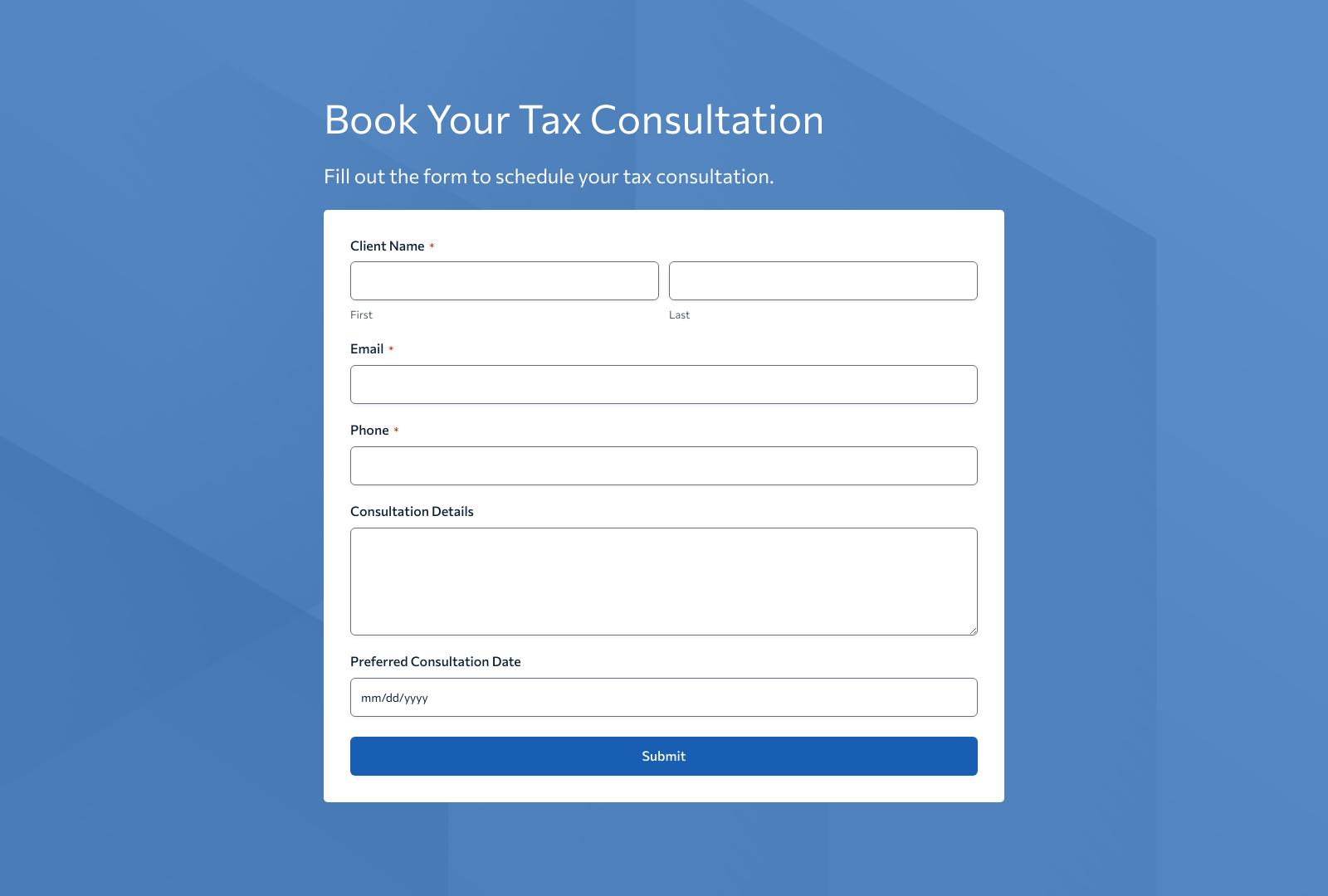 Tax Consultation Form Template with fields for client details and submit button.
