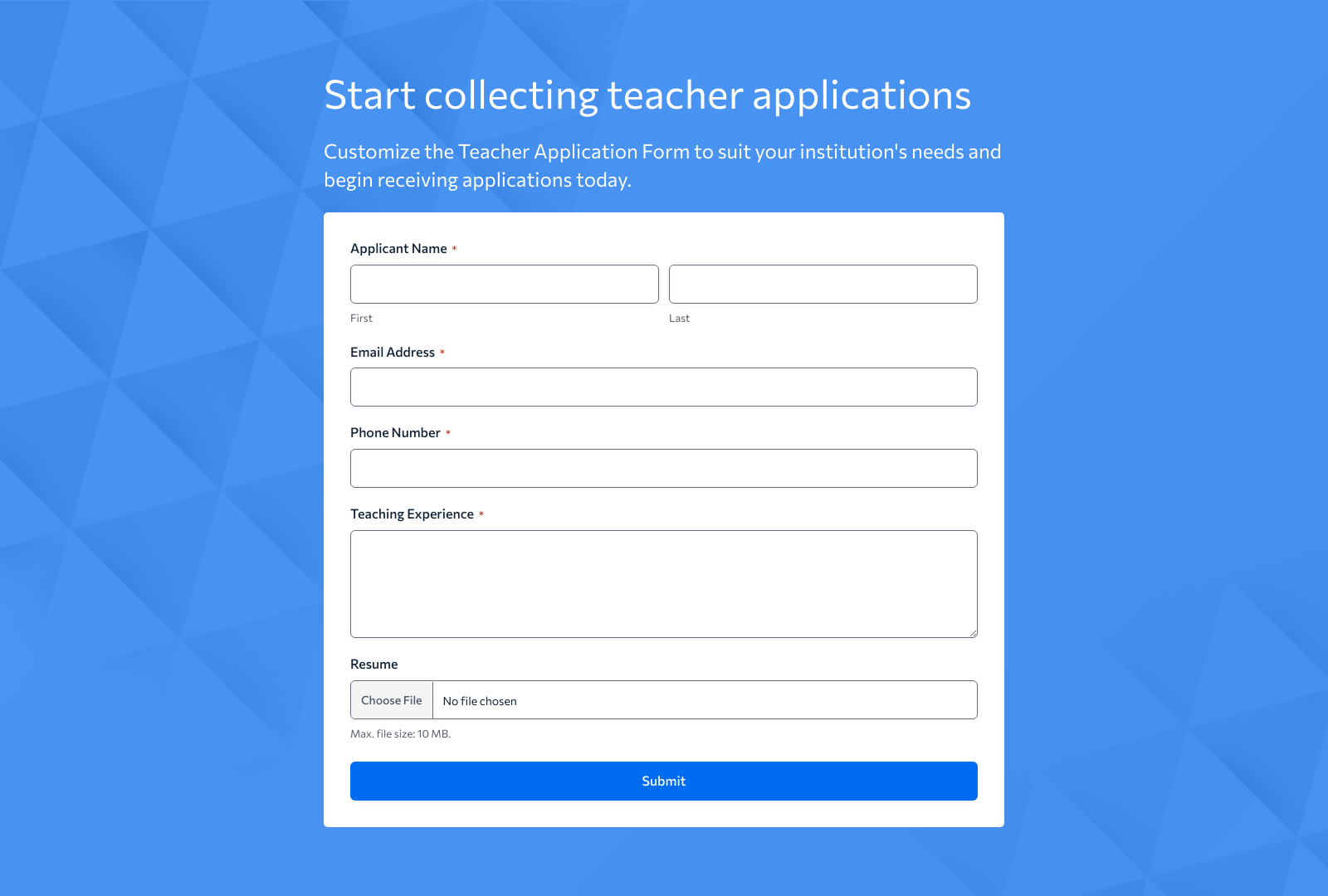 Teacher Application Form Template with fields for candidate details and teaching experience.