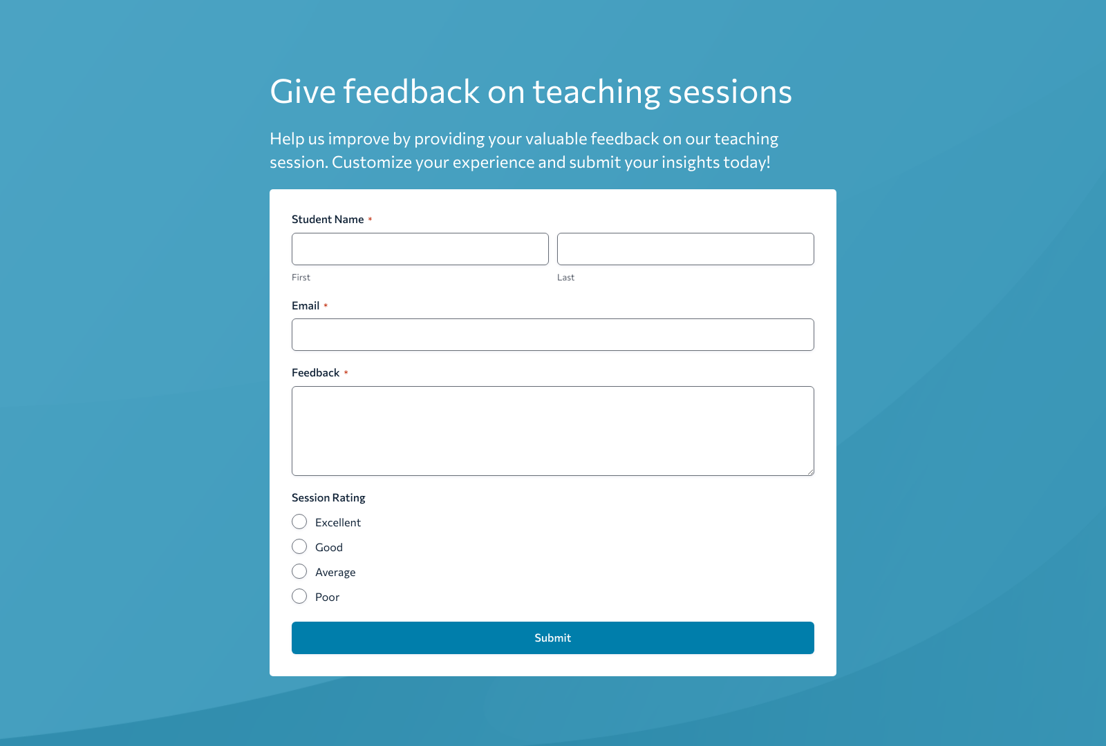 Teaching Session Feedback Form Template with fields for session name, instructor, and feedback sections.