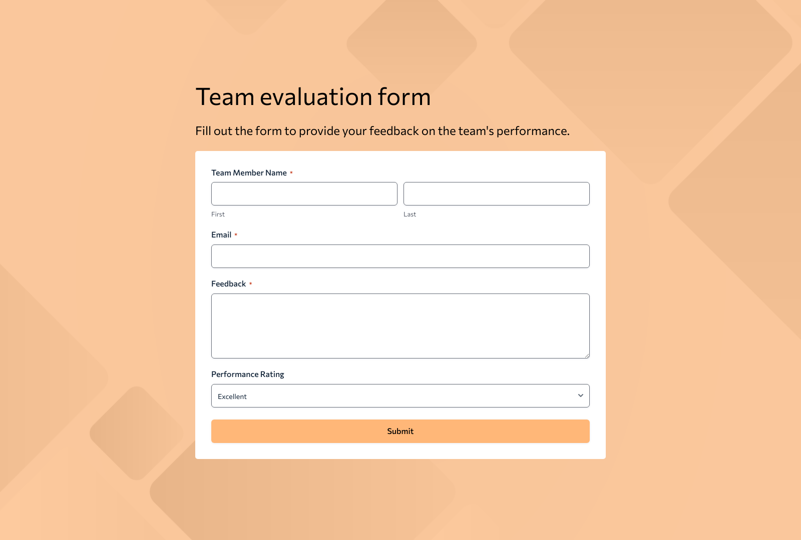 Screenshot of Team Evaluation Form Template with fields for team performance feedback and submit button.