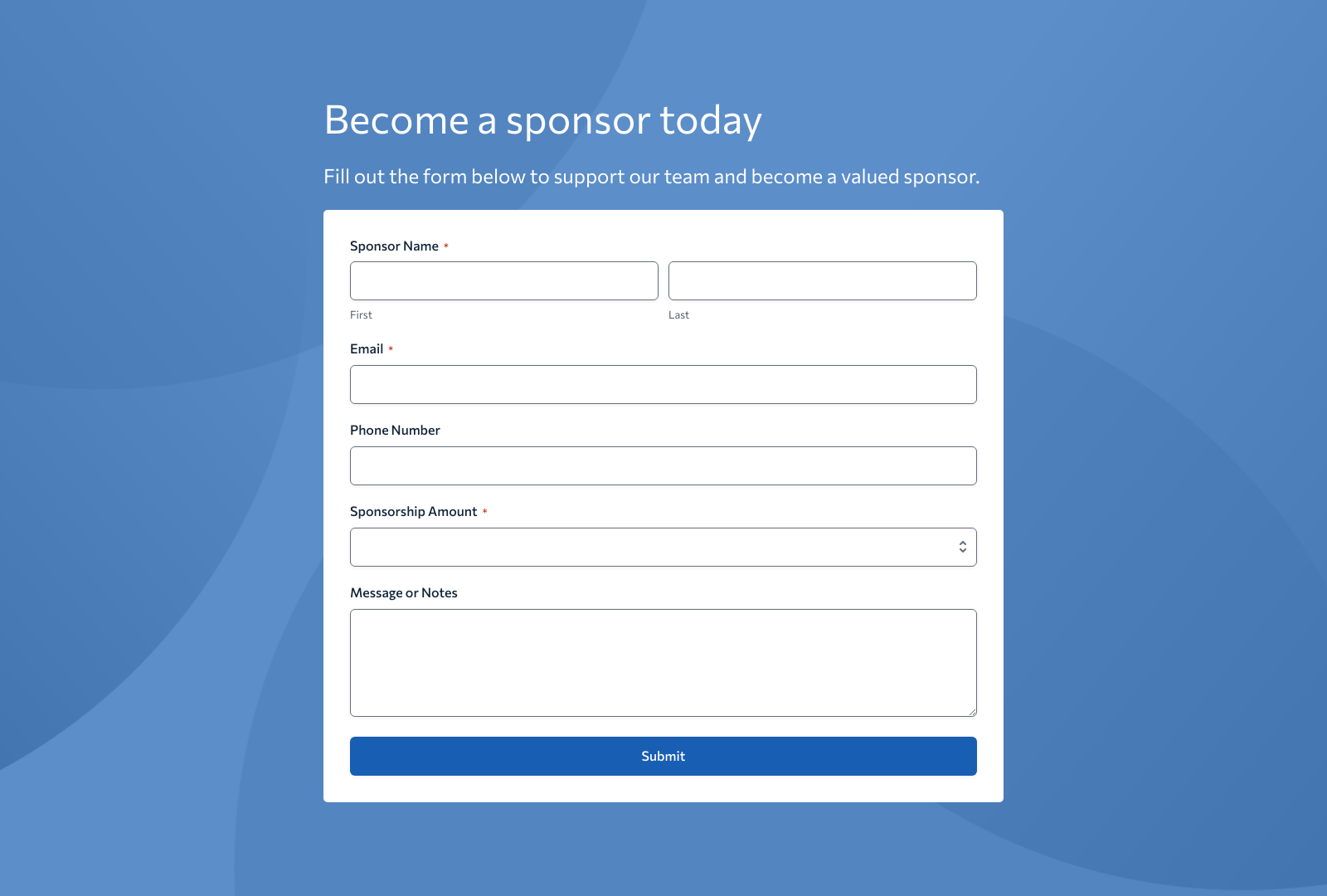 Screenshot of Team Sponsorship Form Template with fields for sponsor details and submission button.