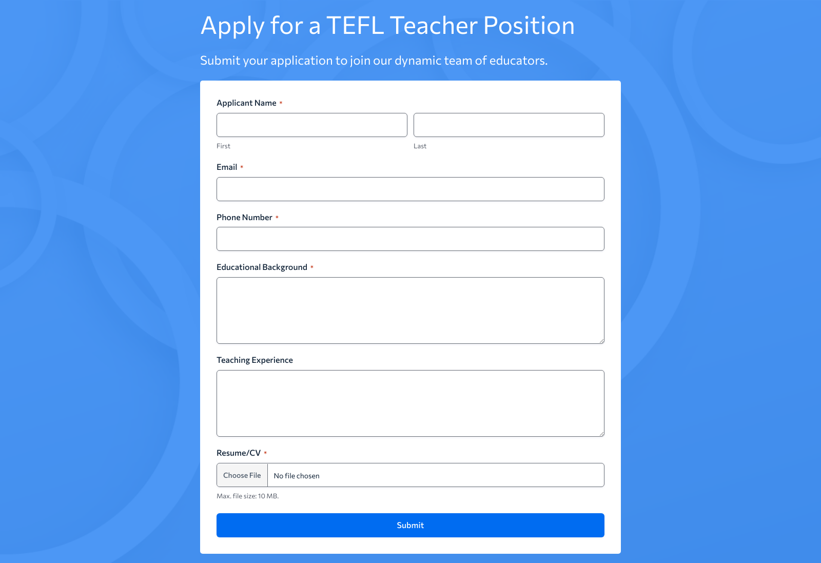 TEFL Teacher Job Application Form Template with customizable fields and submit button.