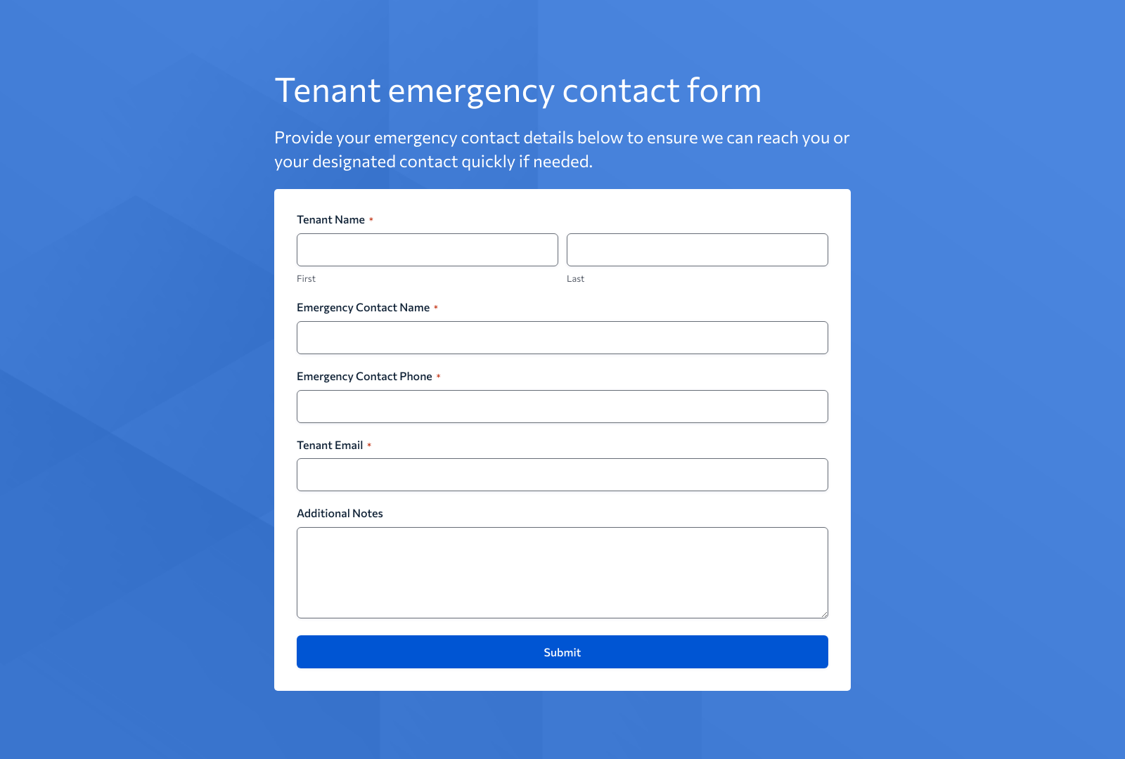 Tenant Emergency Contact Form Template showing input fields, submit button, and integration options.