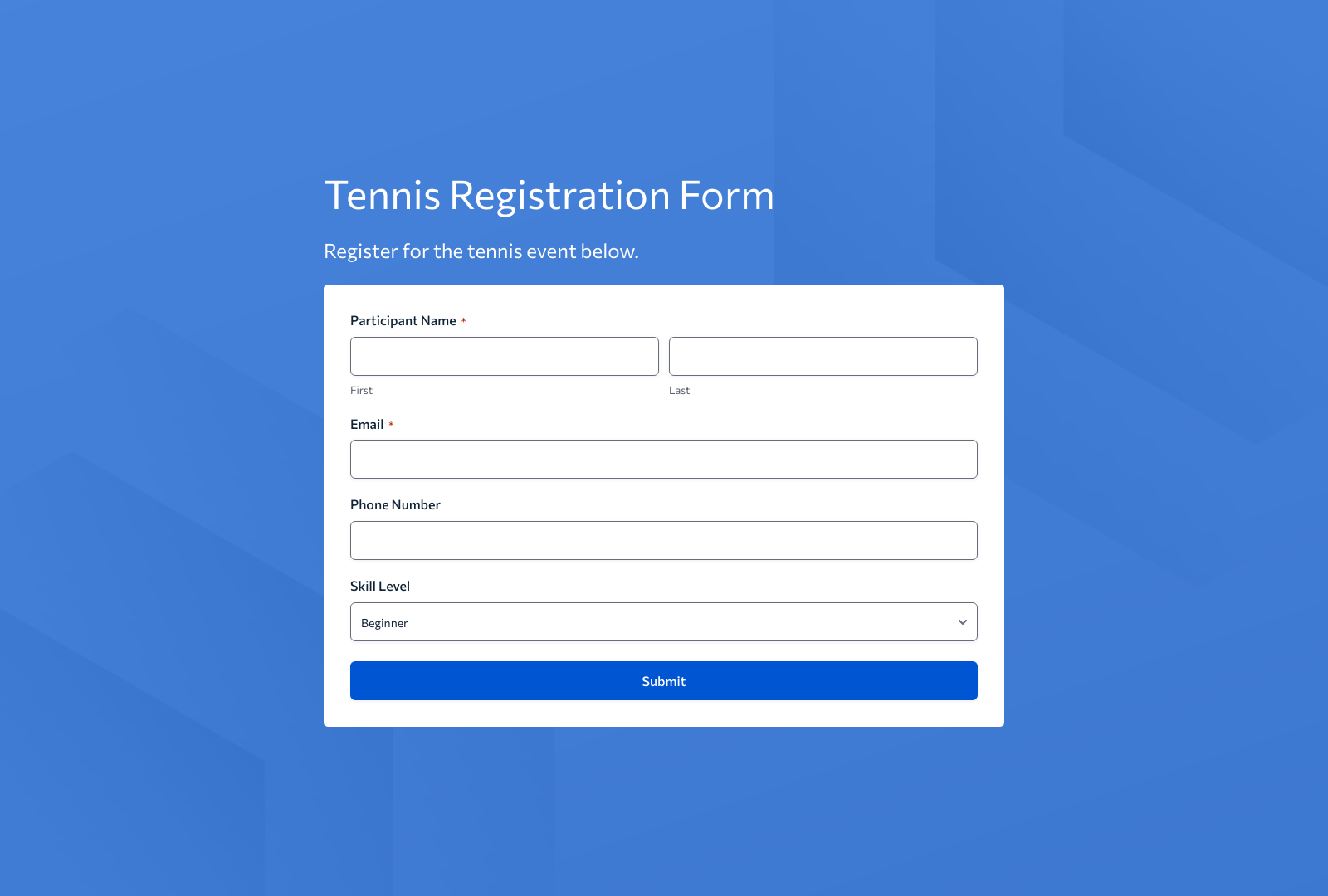 Tennis Registration Form Template showing fields for name, age, and contact details with submit button.