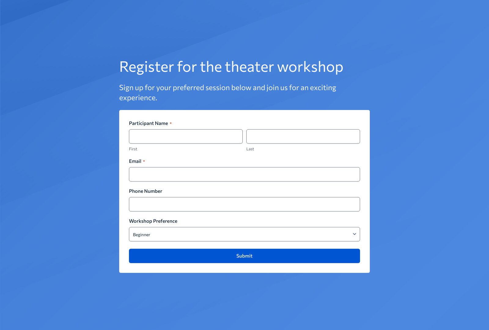 Theater Workshop Registration Form Template with fields for name, email, and workshop preferences.
