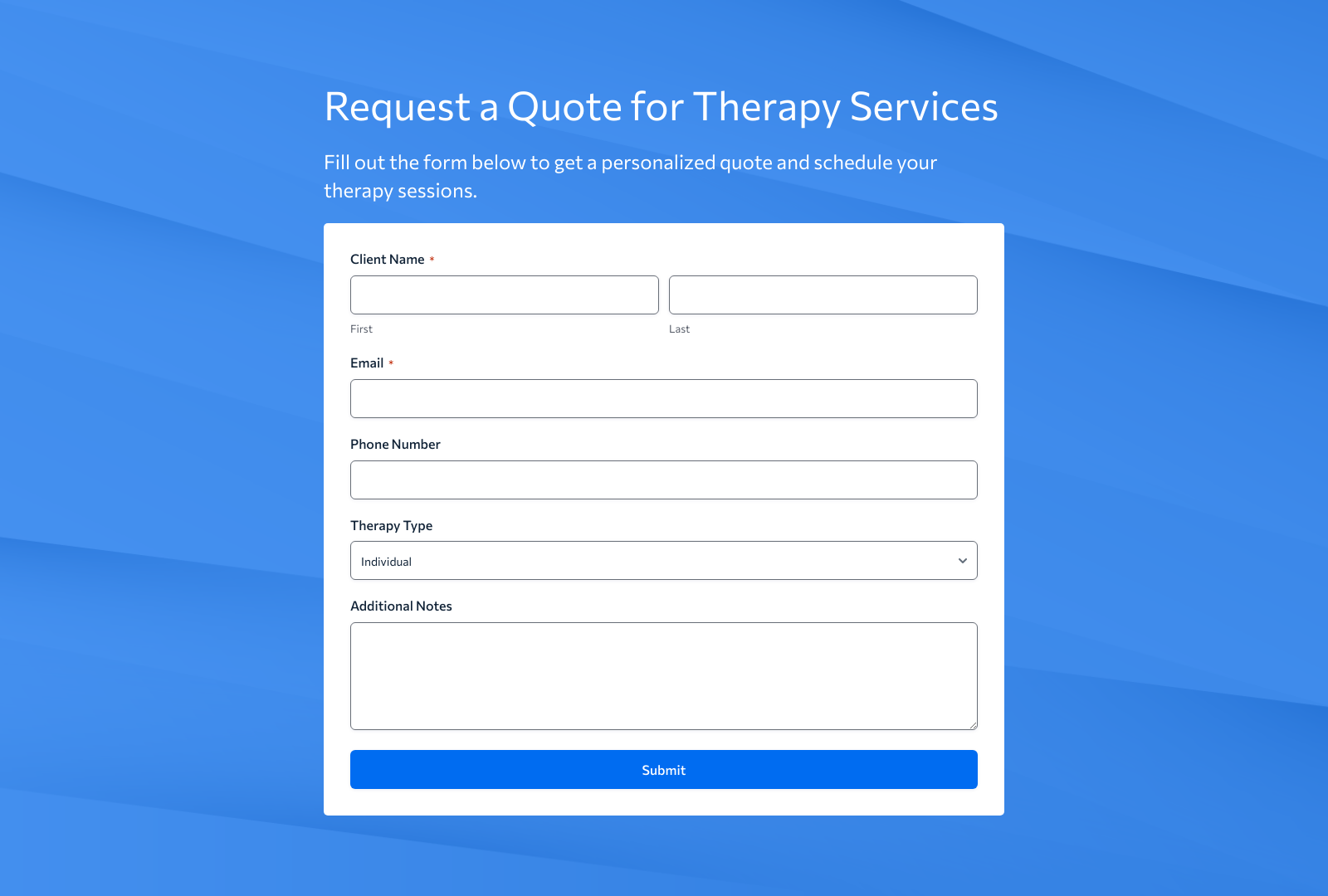 Therapist Quote Form Template with fields for client details and session preferences.