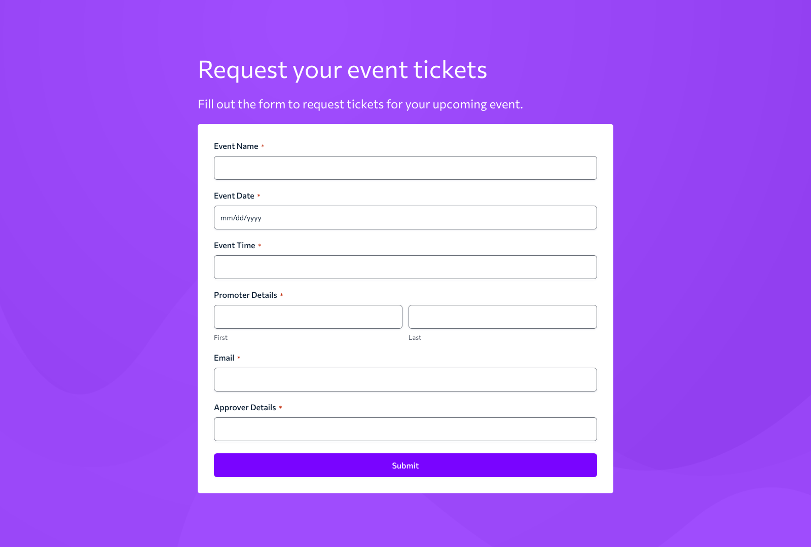 Ticket Request Form Template with fields for event details and buttons for ticket approval.