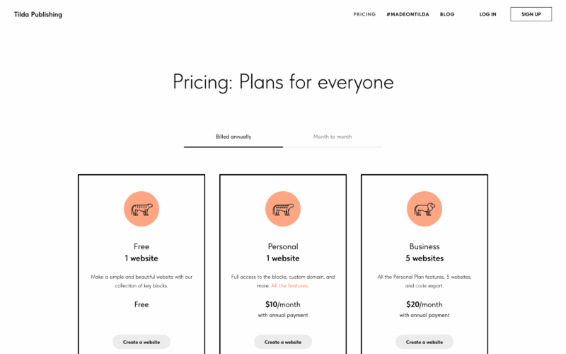Tilda Pricing Landing Page Example